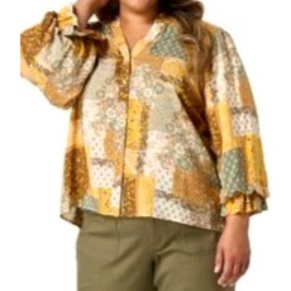 Patchwork Print Button Down Top Women Bubble Styl… - image 2